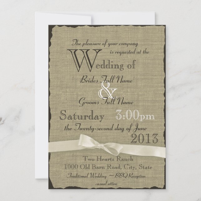 Invitation Mariage rustique Burlap et Bows (Devant)
