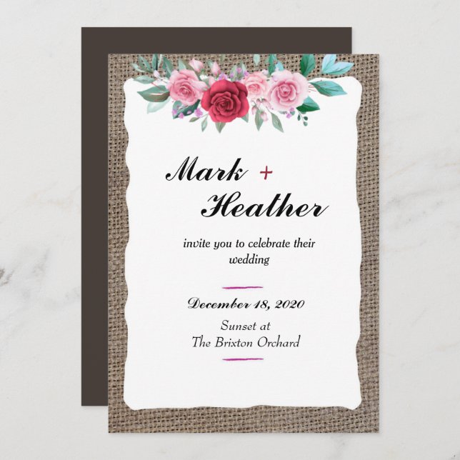 Invitation Mariage rustique Burlap Floral (Devant / Derrière)