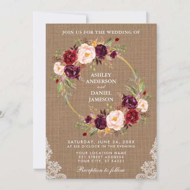 Invitation Mariage rustique Burlap Floral Wreath Lace Invitat (Devant)
