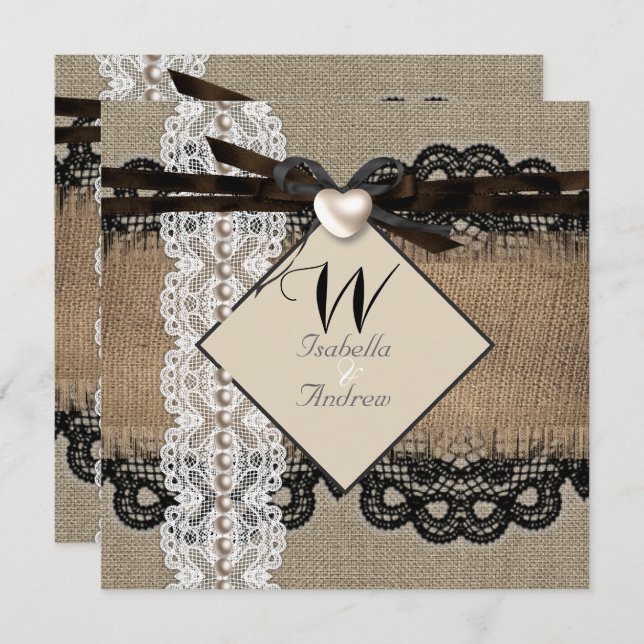 Invitation Mariage rustique Burlap Hessian Lace Pearl Heart (Devant / Derrière)