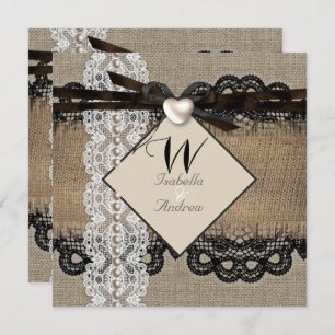 Invitation Mariage rustique Burlap Hessian Lace Pearl Heart
