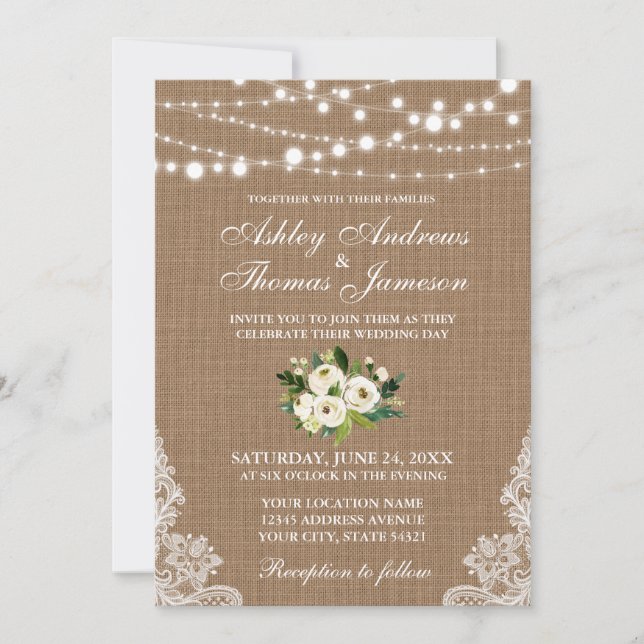 Invitation Mariage rustique Burlap Lace Lights Floral Invitat (Devant)