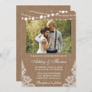 Invitation Mariage rustique Burlap Lights dentelle photo
