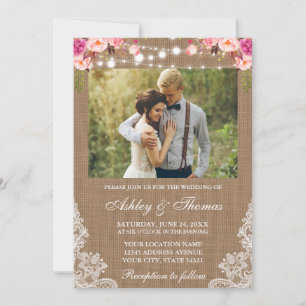 Invitation Mariage rustique Burlap Lights dentelle photo flor