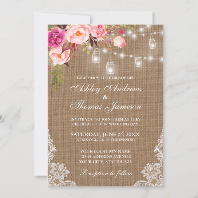 Invitation Mariage Rustique Burlap Lights Jars Lace rose Flor (Devant)