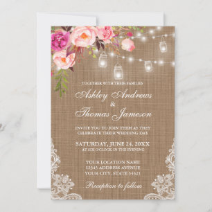 Invitation Mariage Rustique Burlap Lights Jars Lace rose Flor