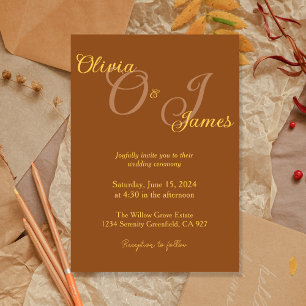 Invitation Mariage Rustique Burnt Orange et Initiales d'or
