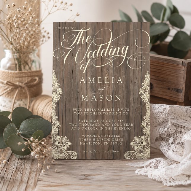 Invitation Mariage rustique calligraphié avec dentelle et boi (Lace and Wood Script Calligraphy Rustic Wedding Invitation)