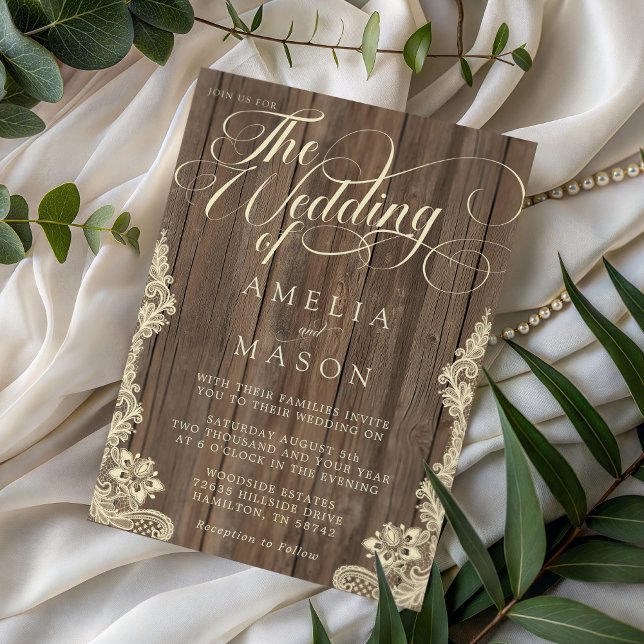 Invitation Mariage rustique calligraphié avec dentelle et boi (Lace and Wood Script Calligraphy Rustic Wedding Invitation)