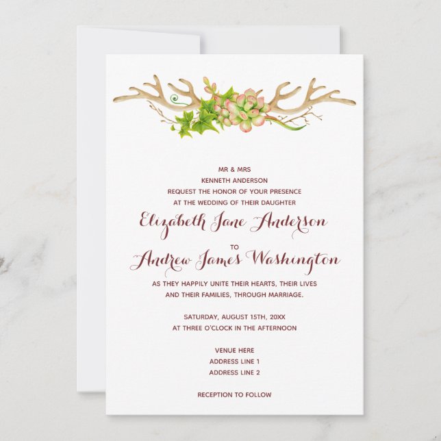 Invitation Mariage Rustique Chic avec Bois de Cerf et Fleurs  (Devant)
