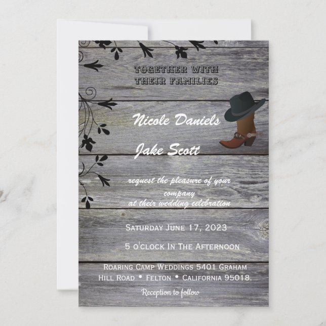 Invitation Mariage rustique classique chapeau noir et bottes  (Devant)