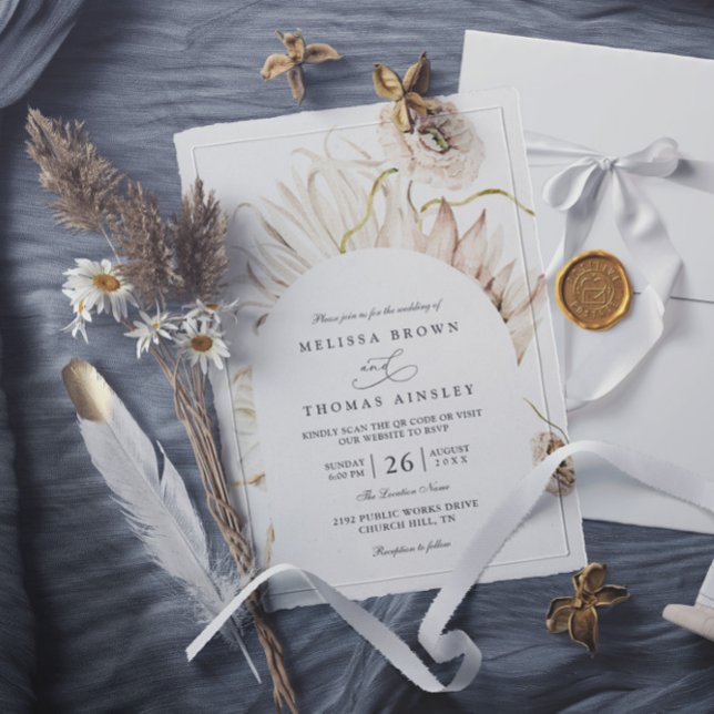 Invitation Mariage Rustique Code QR Protea Pampas Bohème (Créateur téléchargé)