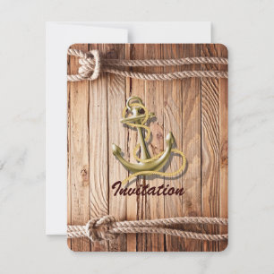 Invitation Mariage rustique côtier bois plage ancre nautique