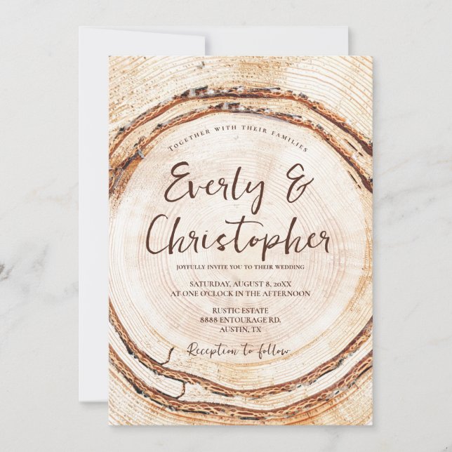 Invitation Mariage rustique coupe coupe tranche sur bois pers (Devant)