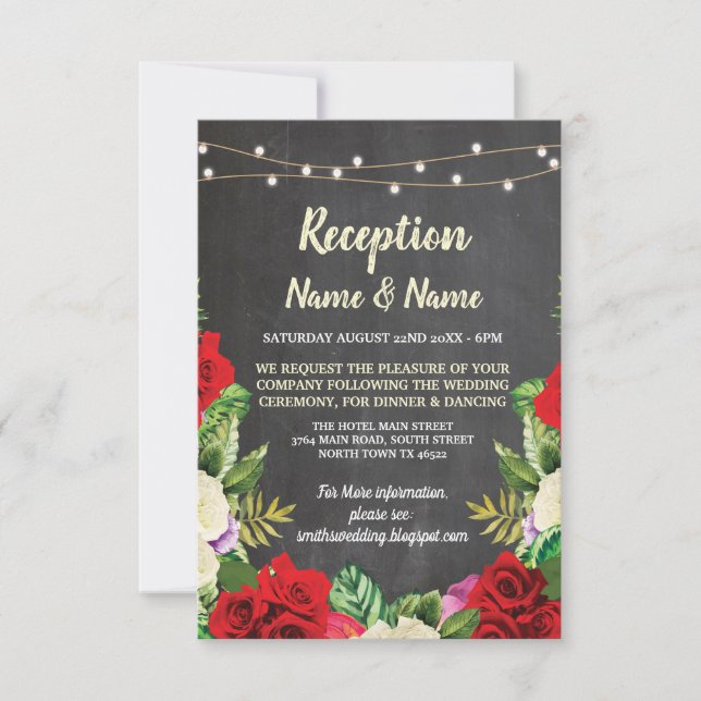 Invitation Mariage Rustique Craie Florale Roses Rouges (Devant)