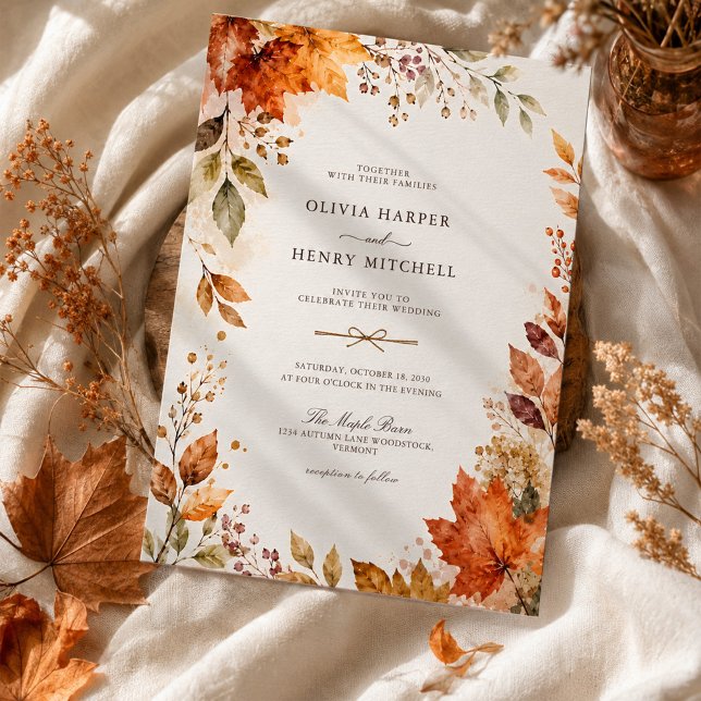 Invitation Mariage rustique d'automne à l'aquarelle avec feui (Créateur téléchargé)