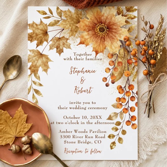Invitation Mariage rustique d'automne aquarelle feuilles d'or (Créateur téléchargé)