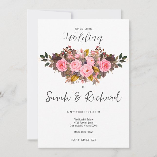 Invitation Mariage rustique d'automne aux roses roses blush (Devant)