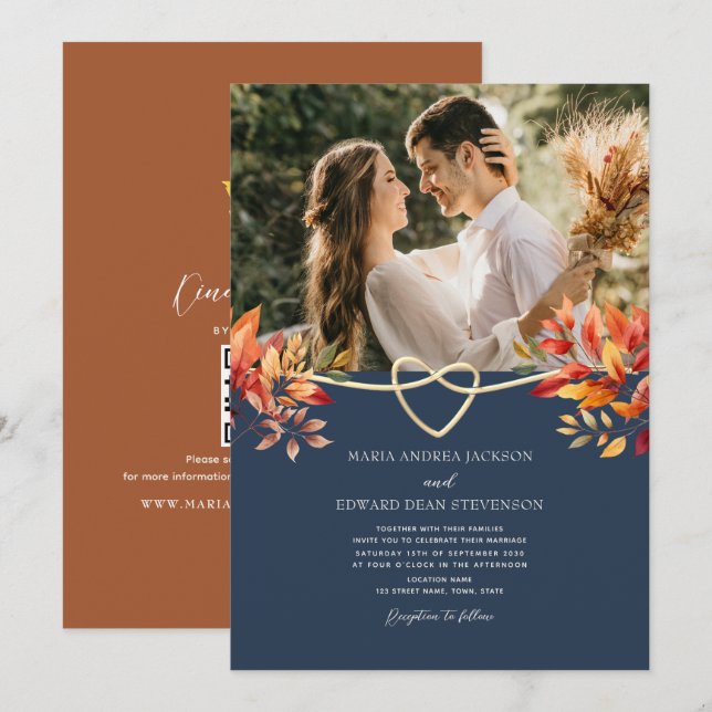 Invitation Mariage rustique d'automne en terre cuite et bleu  (Devant / Derrière)