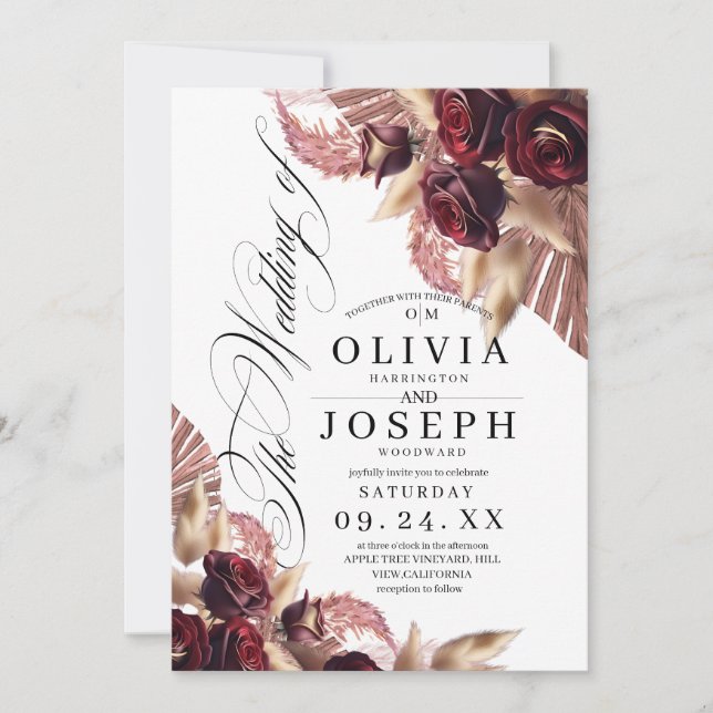 Invitation Mariage rustique de Boho Floral Rouge Bourgogne (Devant)
