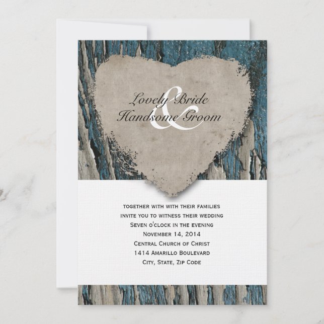 Invitation Mariage rustique de coeur de pays en bois bleu de (Devant)