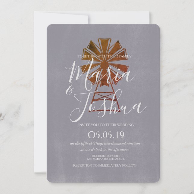 Invitation Mariage Rustique de Ferme Moulin à Vent en Pierre (Devant)