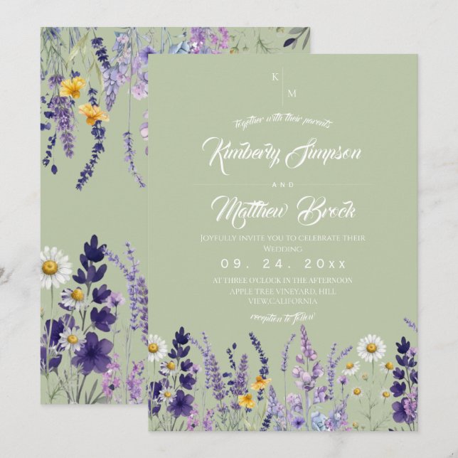 Invitation Mariage rustique de fleurs sauvages de sauge et de (Devant / Derrière)