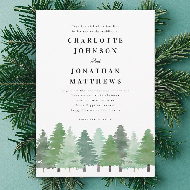 Invitation Mariage Rustique de la forêt de pin aquarelle (Modern elegant woodland winter wedding invitation Minimalist watercolor fir tree forest )
