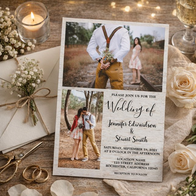 Invitation Mariage rustique de la grange en bois photo collag (Create your own rustic country barn wood photo collage wedding invitation.)
