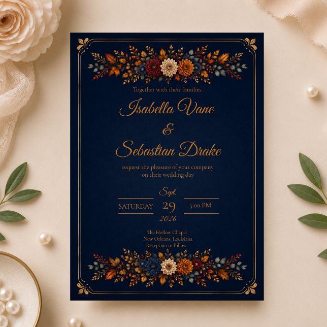 Invitation Mariage rustique de l'automne en bleu marine (Créateur téléchargé)