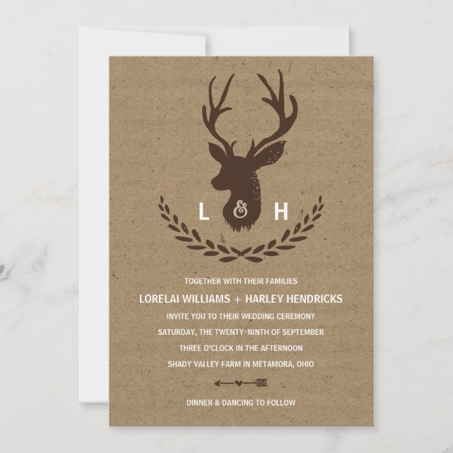 Invitation Mariage rustique de mâle de papier du monogramme | (Devant)
