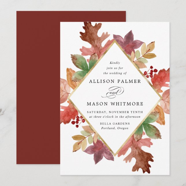 Invitation Mariage Rustique de Mariage aux Feuilles d'Automne (Devant / Derrière)