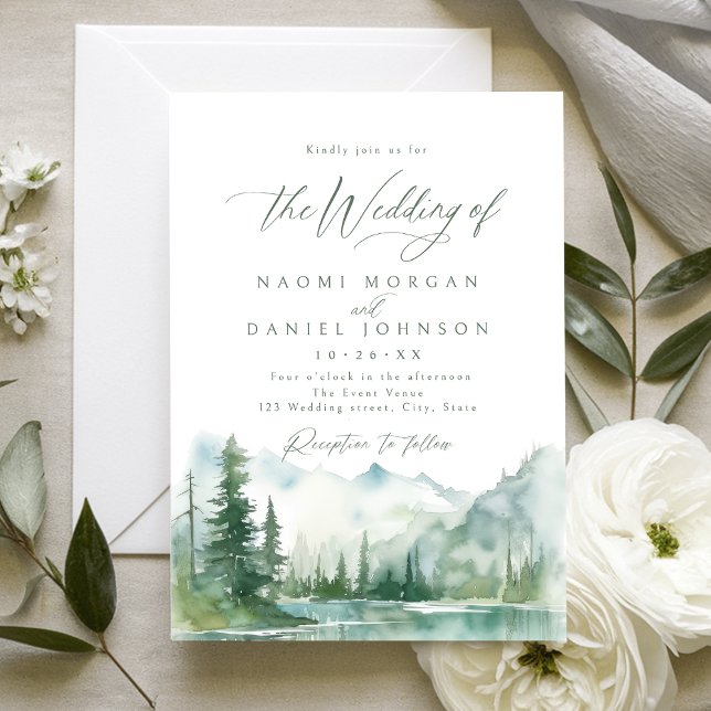 Invitation Mariage rustique de montagne à l'aquarelle sage (Sage Watercolor Mountain Forest Rustic Wedding Invitation)