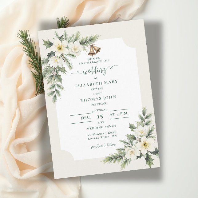 Invitation Mariage rustique de Noël en hiver avec des roses (winter wedding invitation christmas roses bells elegant rustic frame muted green botanical floral)