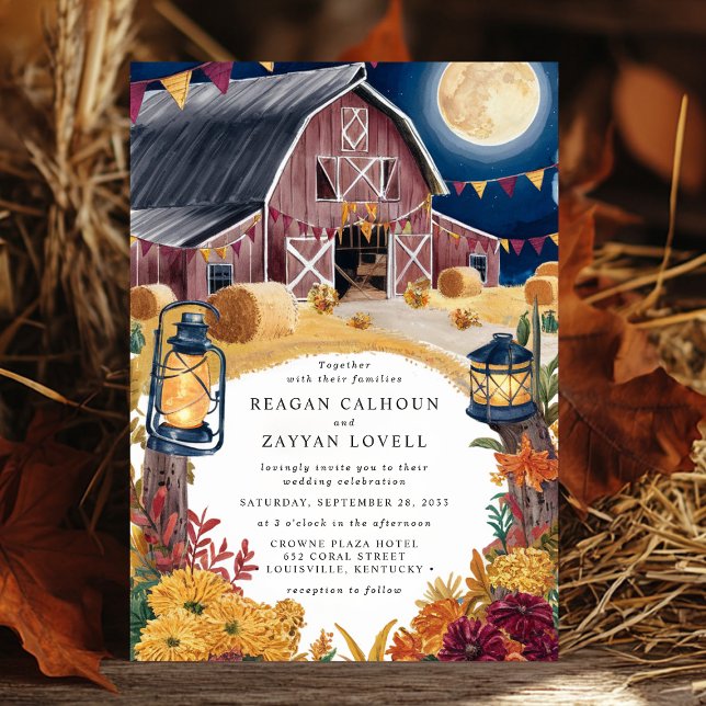 Invitation Mariage rustique de nuit en automne avec une grang (Créateur téléchargé)