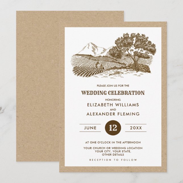 Invitation Mariage rustique de papier Kraft à crosse (Devant / Derrière)