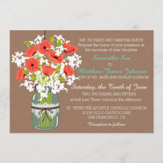 Invitation Mariage rustique de pavots de maçon de toile de