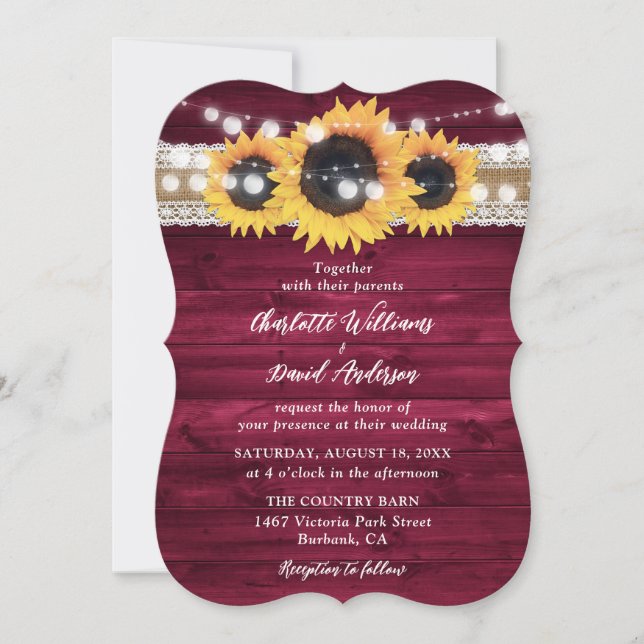 Invitation Mariage Rustique de tournesol Bourgogne (Devant)