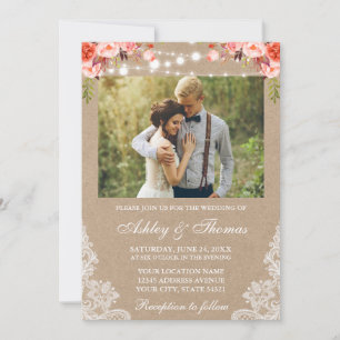 Invitation Mariage rustique Dentelle Coral Floral Photo Kraft
