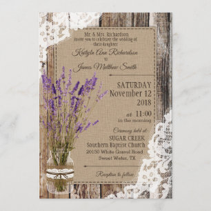 Invitation Mariage rustique dentelle en bois de lavande