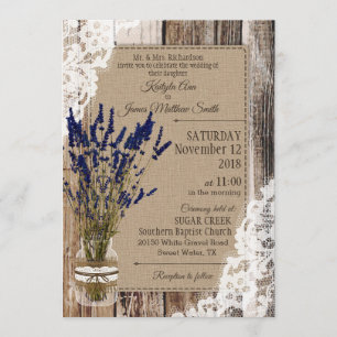 Invitation Mariage rustique dentelle en bois de lavande