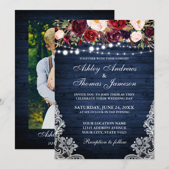 Invitation Mariage rustique dentelle florale bleu bois photo (Devant / Derrière)