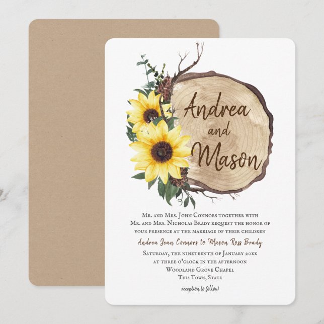 Invitation Mariage rustique des Tournesols de automne (Devant / Derrière)