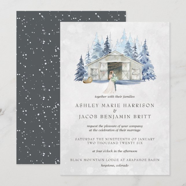 Invitation Mariage rustique d'hiver en grange aux evergreen (Devant / Derrière)