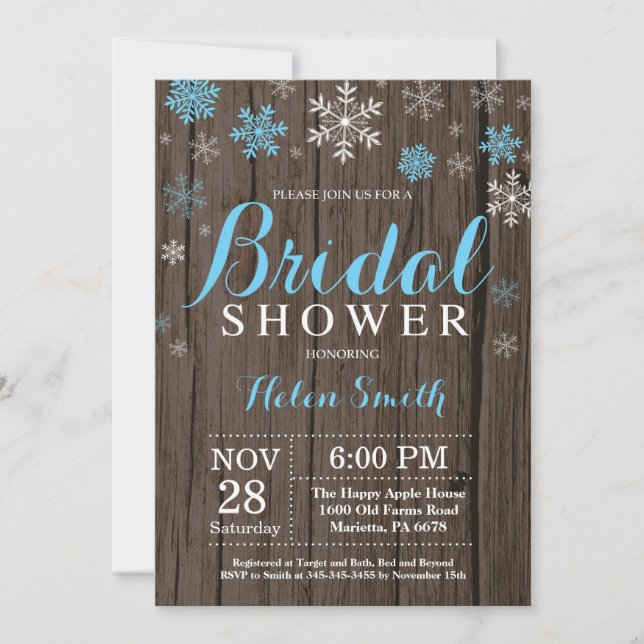 Invitation Mariage Rustique d'Hiver Flocon de Neige Bleu (Devant)