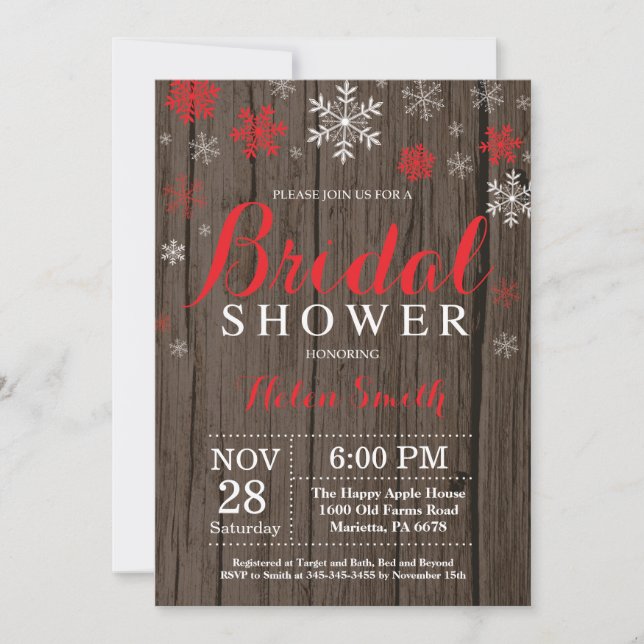 Invitation Mariage Rustique d'Hiver Flocon de Neige Rouge (Devant)