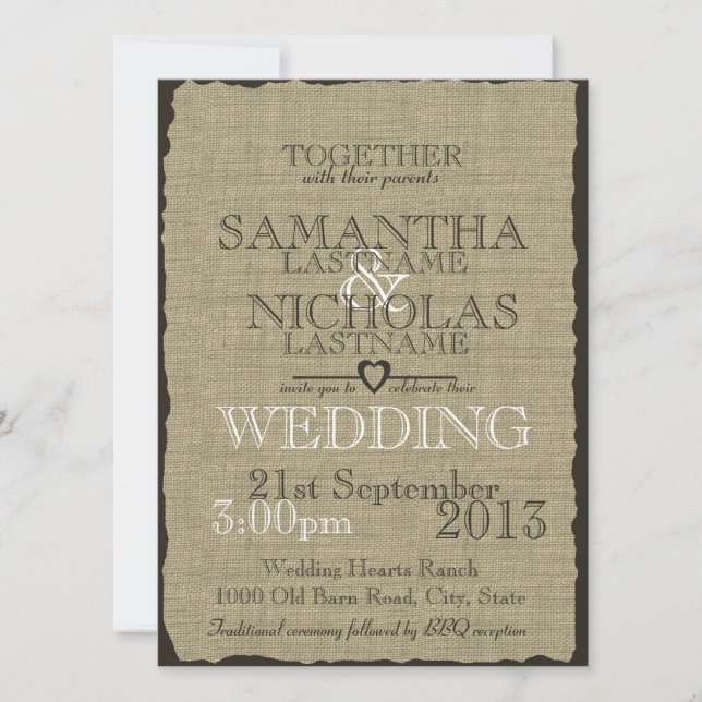 Invitation Mariage rustique du pays Burlap (Devant)