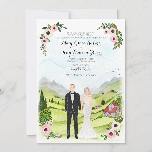 Invitation Mariage rustique du portrait illustré de couple (Devant)