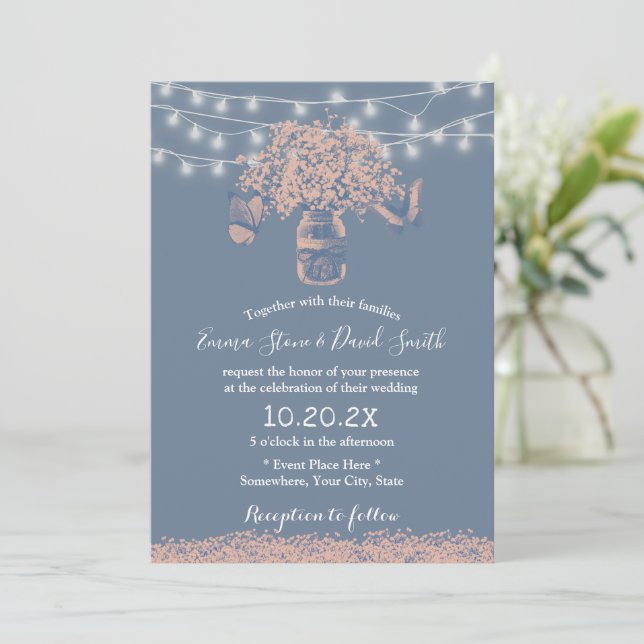Invitation Mariage rustique Dusty Blue Baby's Breath Floral J (Debout devant)