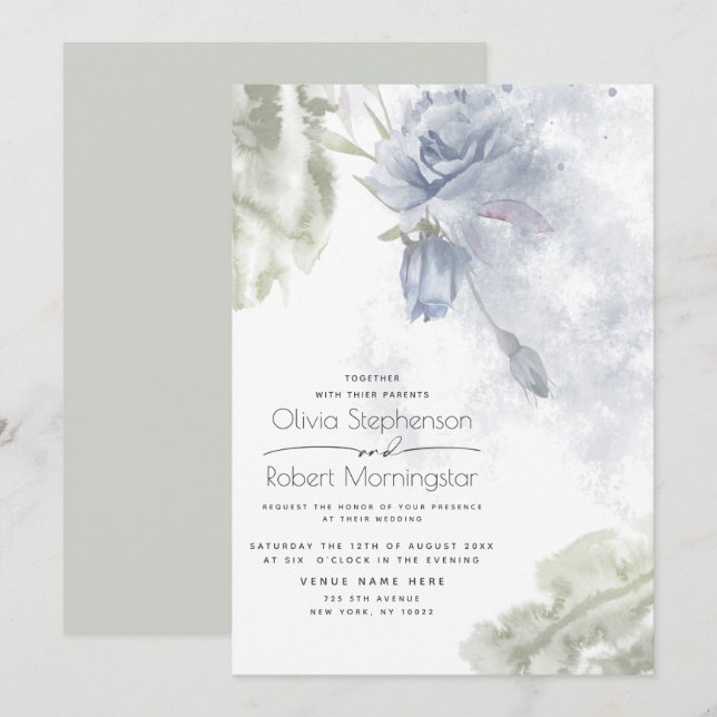 Invitation Mariage | Rustique Dusty Blue Roses (Devant / Derrière)